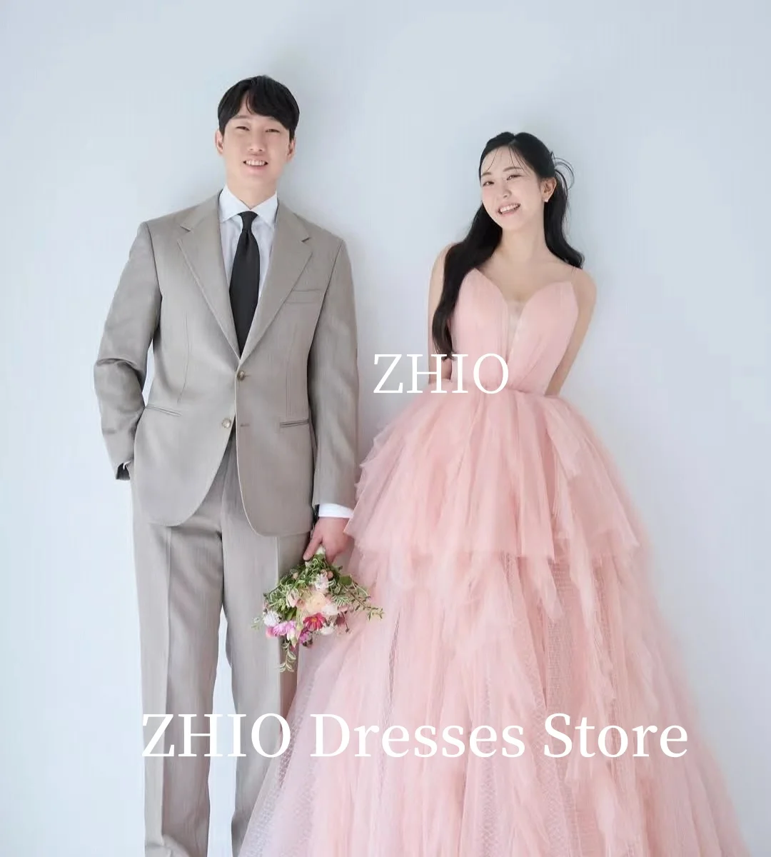 ZHIO Elegant Pink Wedding Party Dress Spaghetti Strap A-Line Draped Tulle Korea Photo Shoot Bridal Reception Gowns Customized