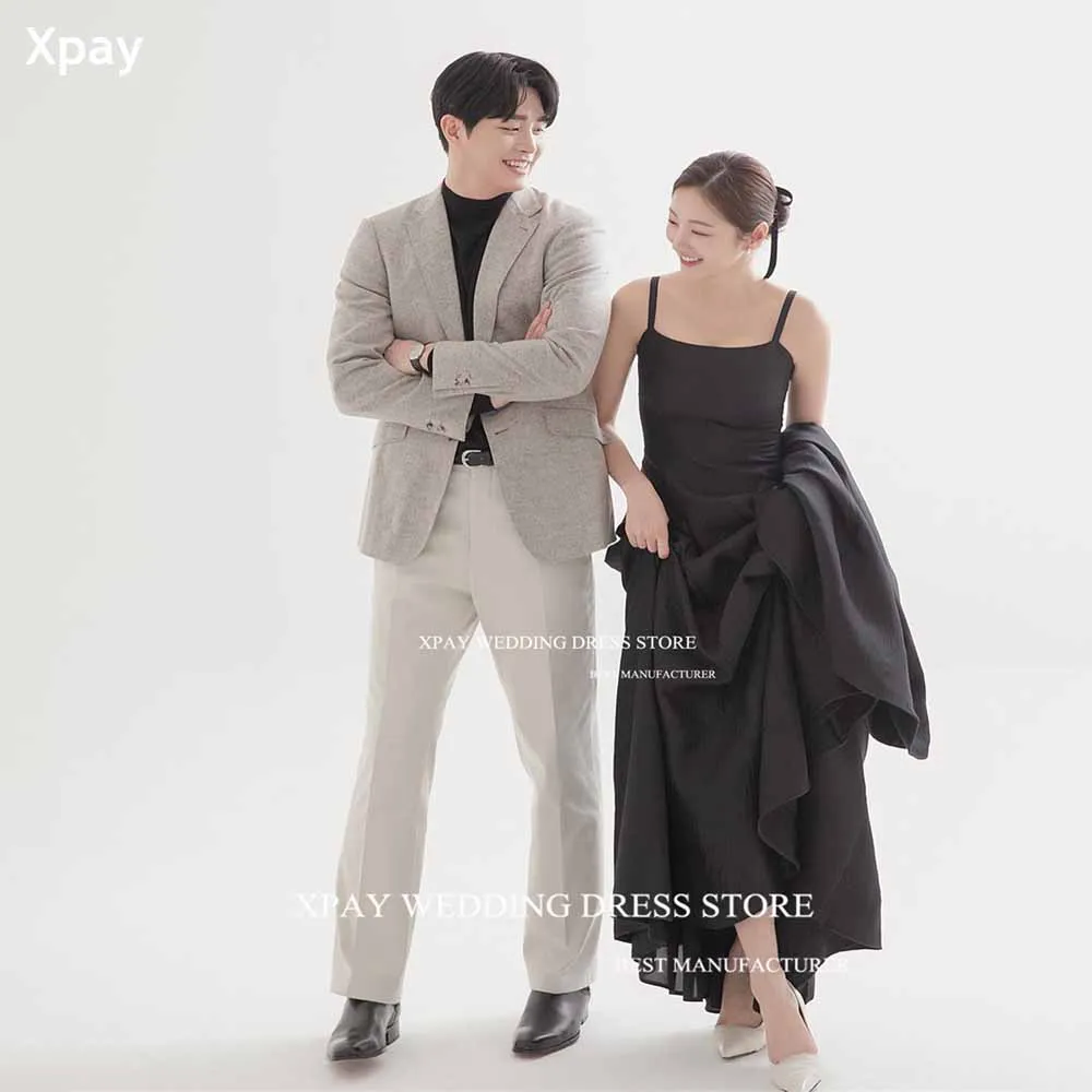 

XPAY Square Neck Black A Line Korea Evening Dresses Spaghetti Straps Pleat Satin Formal Prom Party Gown Sleeveless Photo Shoot