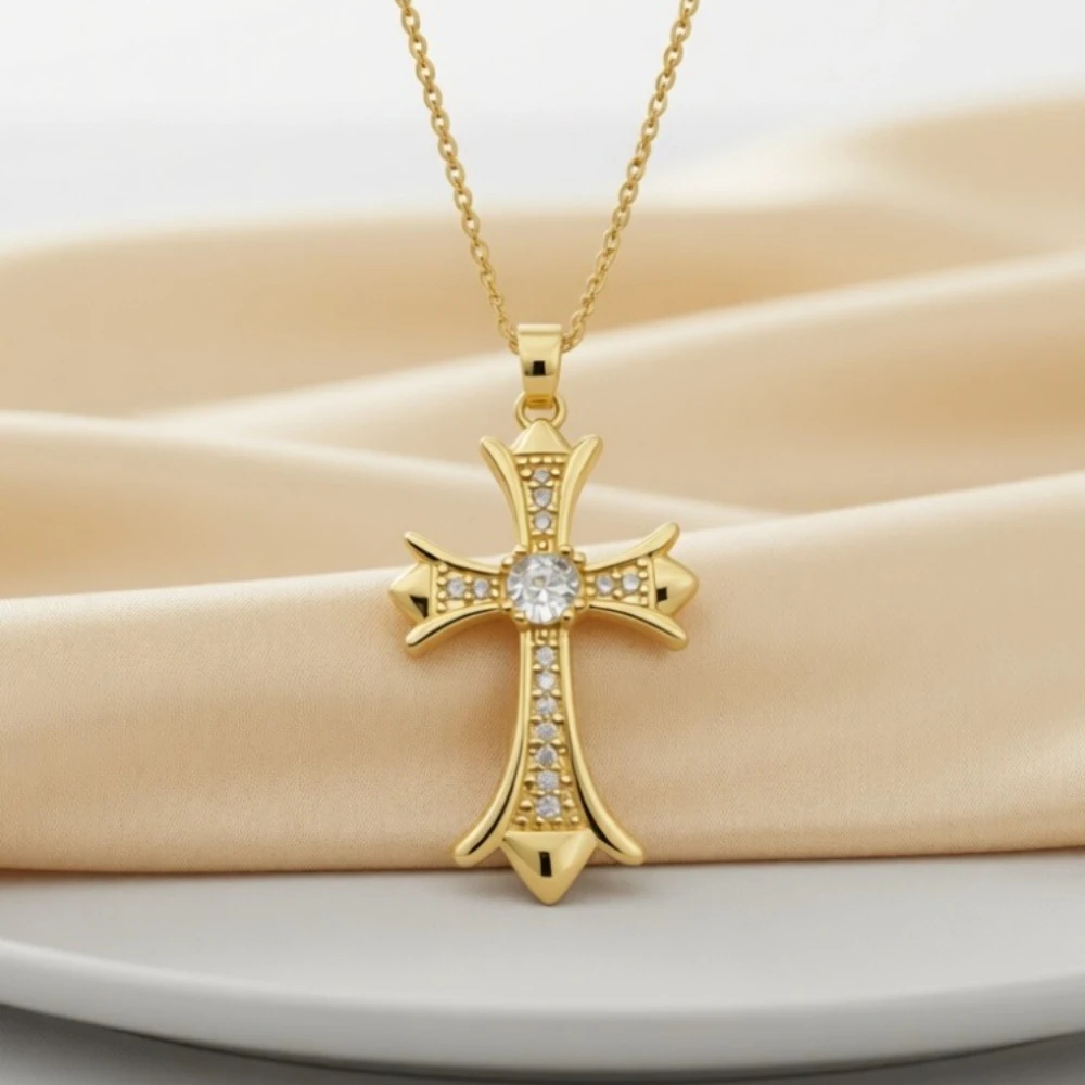 Sparkling Crystal Cross Pendant Necklace - Exquisite Water Diamond Collar, Fashion Education for Girls and Women's Accessories
