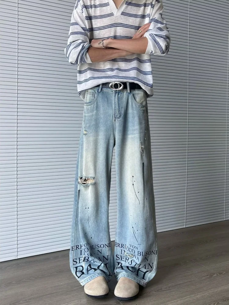 Trashy Y2K 2000S Letter Printed Washed Blue Baggy Ripped Jeans Pants For Men 90S Vintage Clothes Denim Trousers Pantalon Hombre