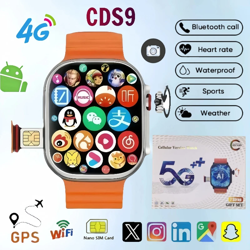CDS9 New Android Smartwatch 4G Network SIM Card WiFi Rotary Camera Amoled Google Play Store Global Version Smart Watch Men Women