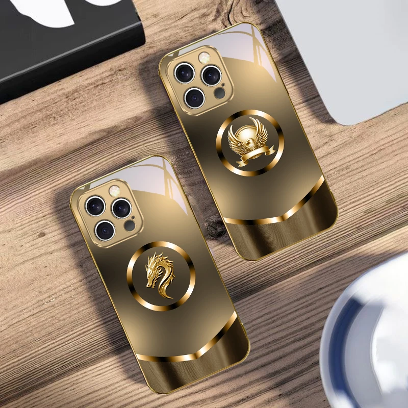 Circular golden eagle For IPhone 17Pro Max 16 17 Pro 15 P ro 14 13 Plus 12 Mini 11Pro Max XR 16E 17 Air Golden glass phone case