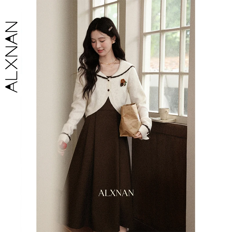 

ALXNAN короткий вязаный кардиган женский осенний новый 3d тканый цветок нишевые свитера 2025 новый повседневный облегающий женский трикотаж L57166