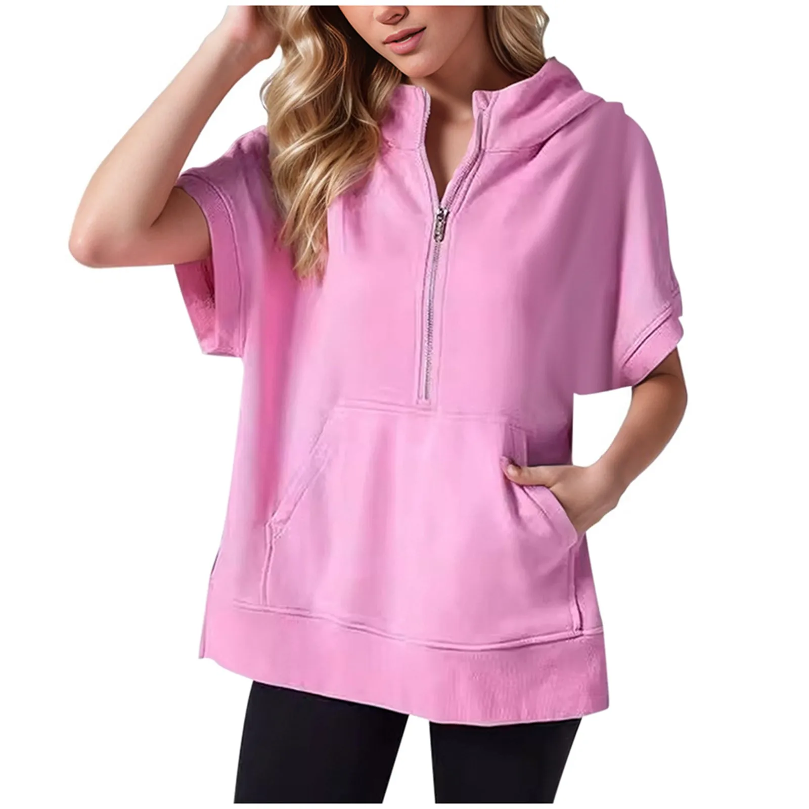 2024 New Women\'S Hoodies Sweatshirts Short Sleeve Hoodies Sweatshirt Casual Solid Hoody For Female Hooded Fashion Pullover