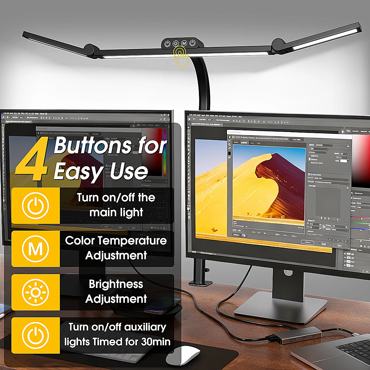 Aiopp LED-Schreibtischlampe mit breiter Beleuchtung und 3 Klammern, Augenschutz, dimmbar, Timer-Funktion, flexibler, verstellbarer Metallarm, Clip-Licht für Dual-Monitor, Home-Office, Designer-Arbeitsplatz – Detail 5