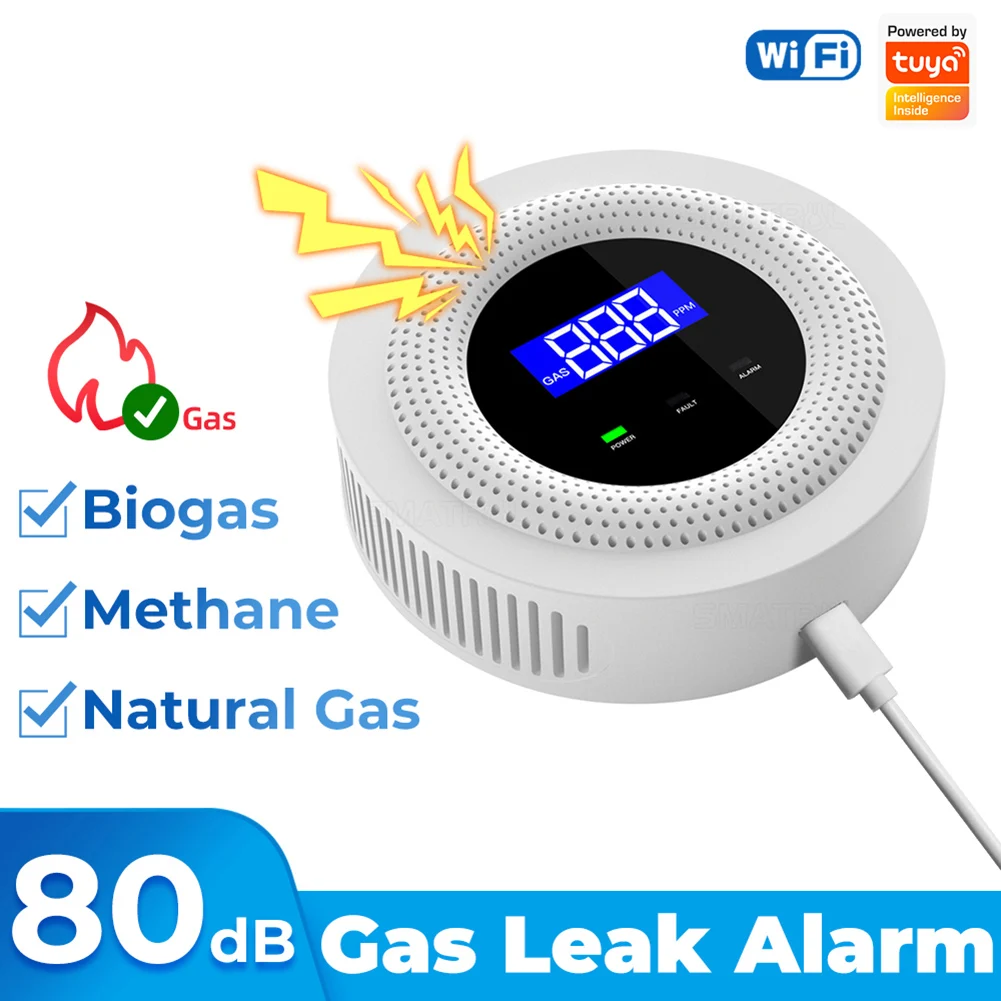 Tuya Gas Leak Sensor Digital Display Propane Detector APP Remote Control Smart WiFi Gas Leak Detector for LPG Gas Biogas Methane