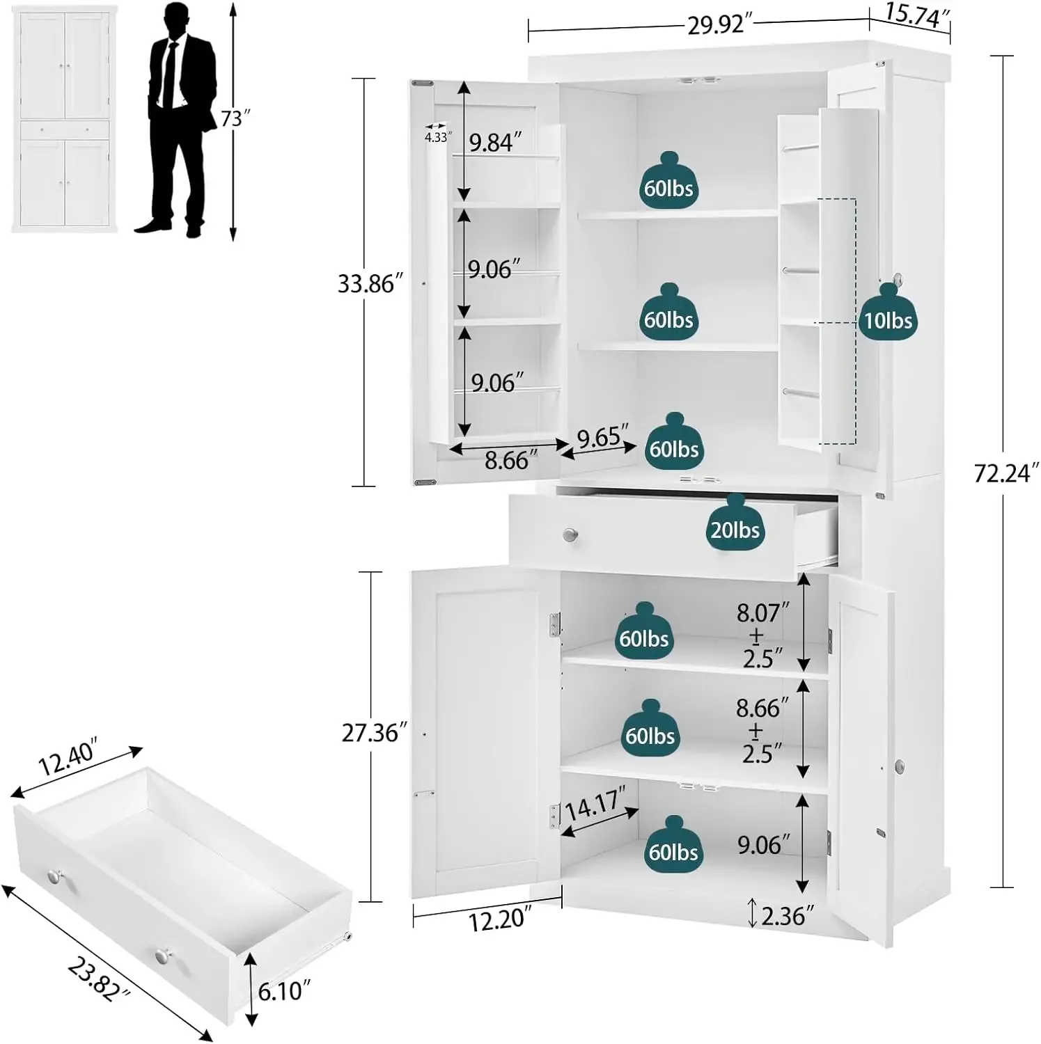 72” Kitchen Pantry Cabinet, Tall Storage Cabinet with 4 Doors and 1 Drawer, Kitchen Cabinet, Cupboard with 6 Hanging