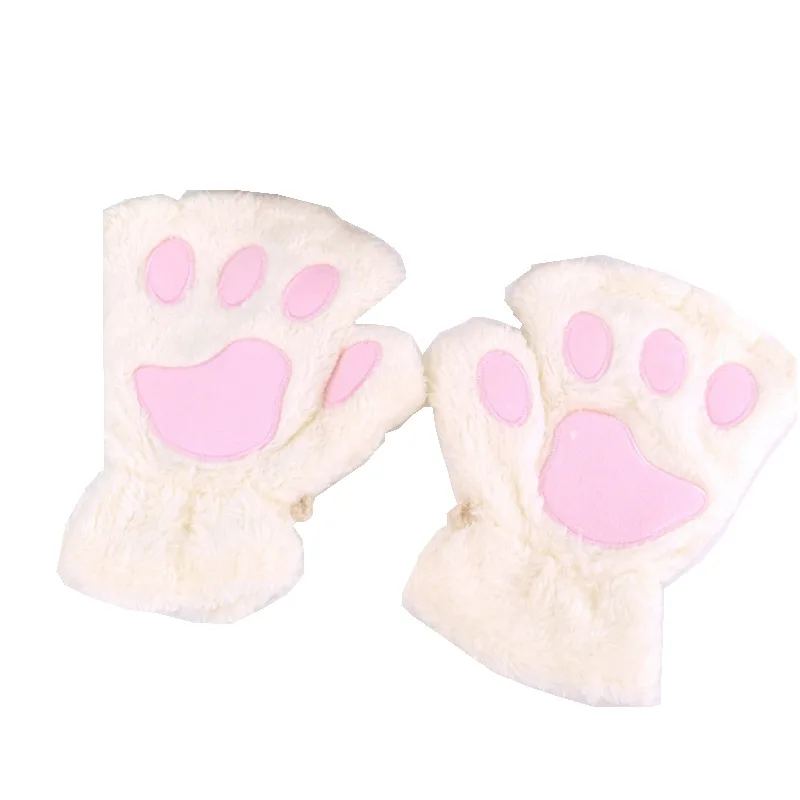 Winter Cute Cartoon Open Fingered Cat Claw Warm Gloves for Women Thick Fluffy Bear Paw Half Finger Glove Girls Warmth Products