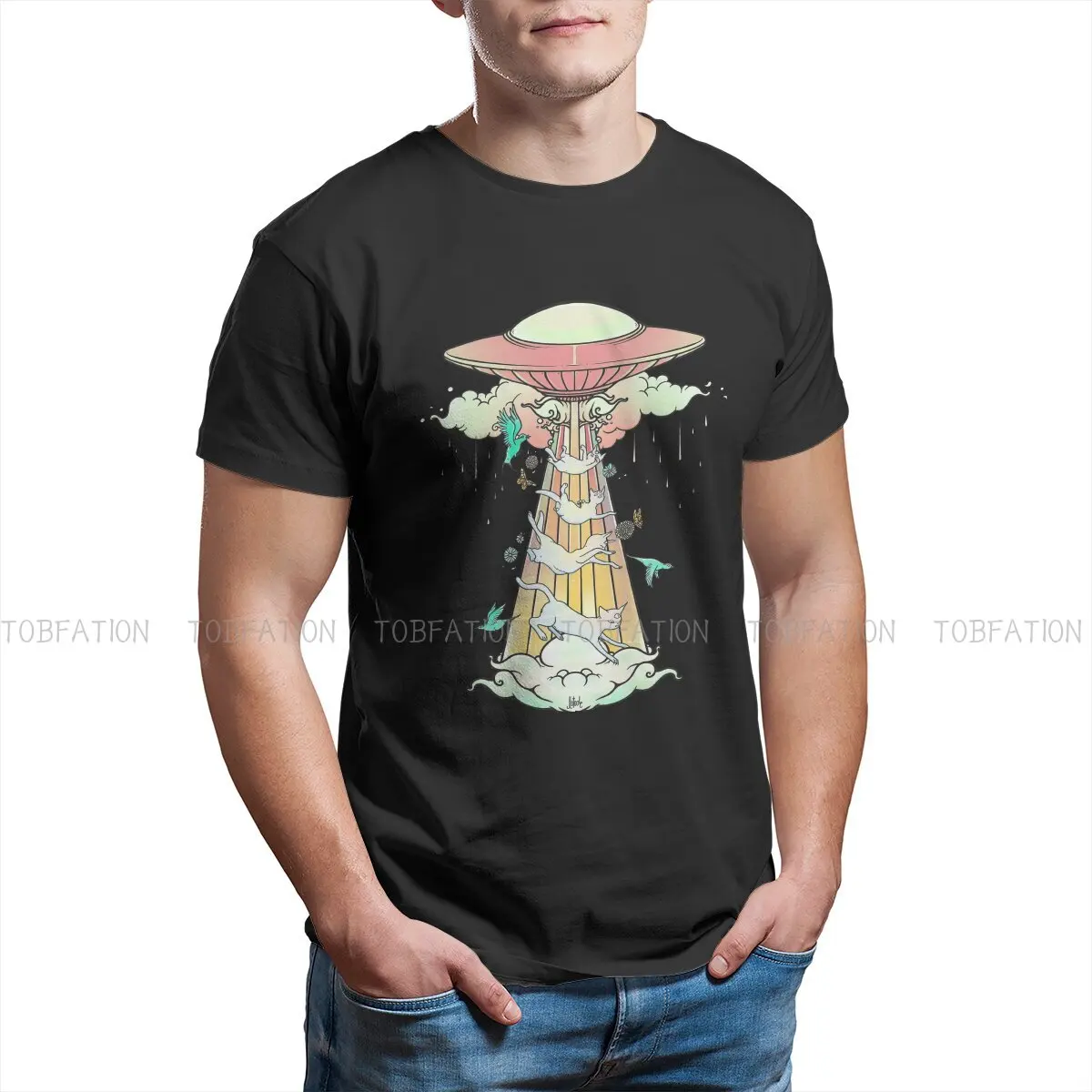 UFO Abducting Cats Surreal Alien Art  Round Collar TShirt Area 51 Information On The Roswell Incident Pure Cotton Basic T Shirt