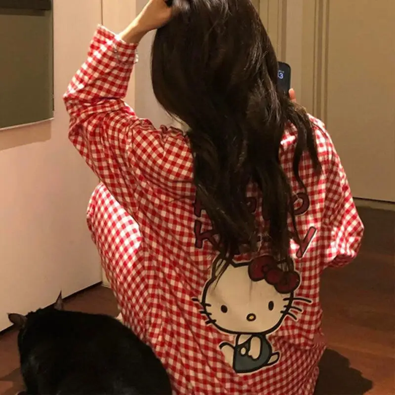 Sanrio – pyjama Hello Kitty de dessin animé, Cardigan d'été confortable, grande taille, ensemble deux pièces, vêtements de maison mignons pour filles, nouvelle collection