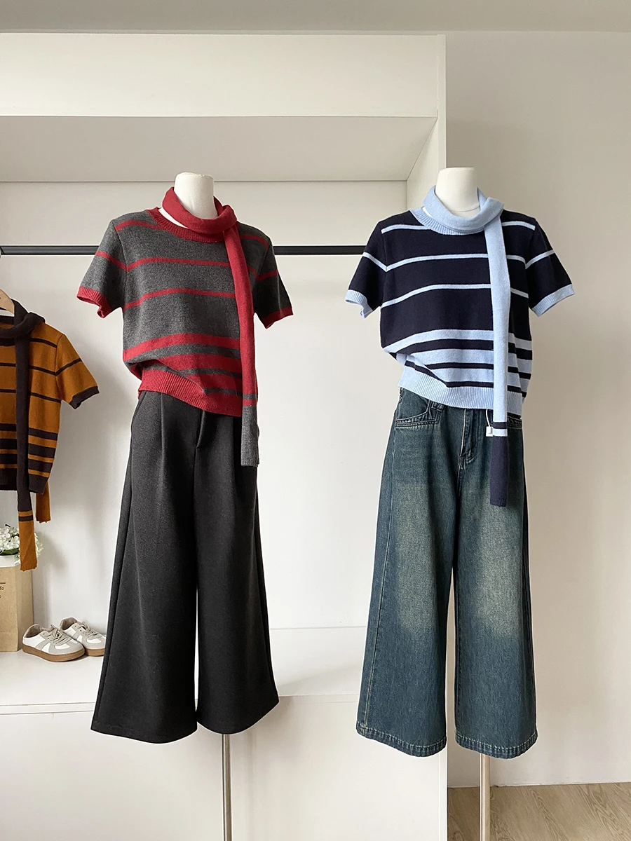 

Chic Retro Striped Short Sleeve round Neck Knitwear Women's Fashion Color Block Pattern Commute Style Polyester Fiber