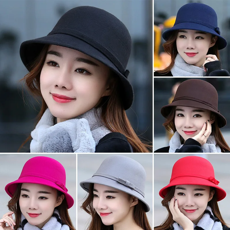 Autumn Winter Women Felt Fedoras Hat Vintage Bowknot Ladies Hat Dome Felt Wedding Church Jazz Cap Female Bow Bowler