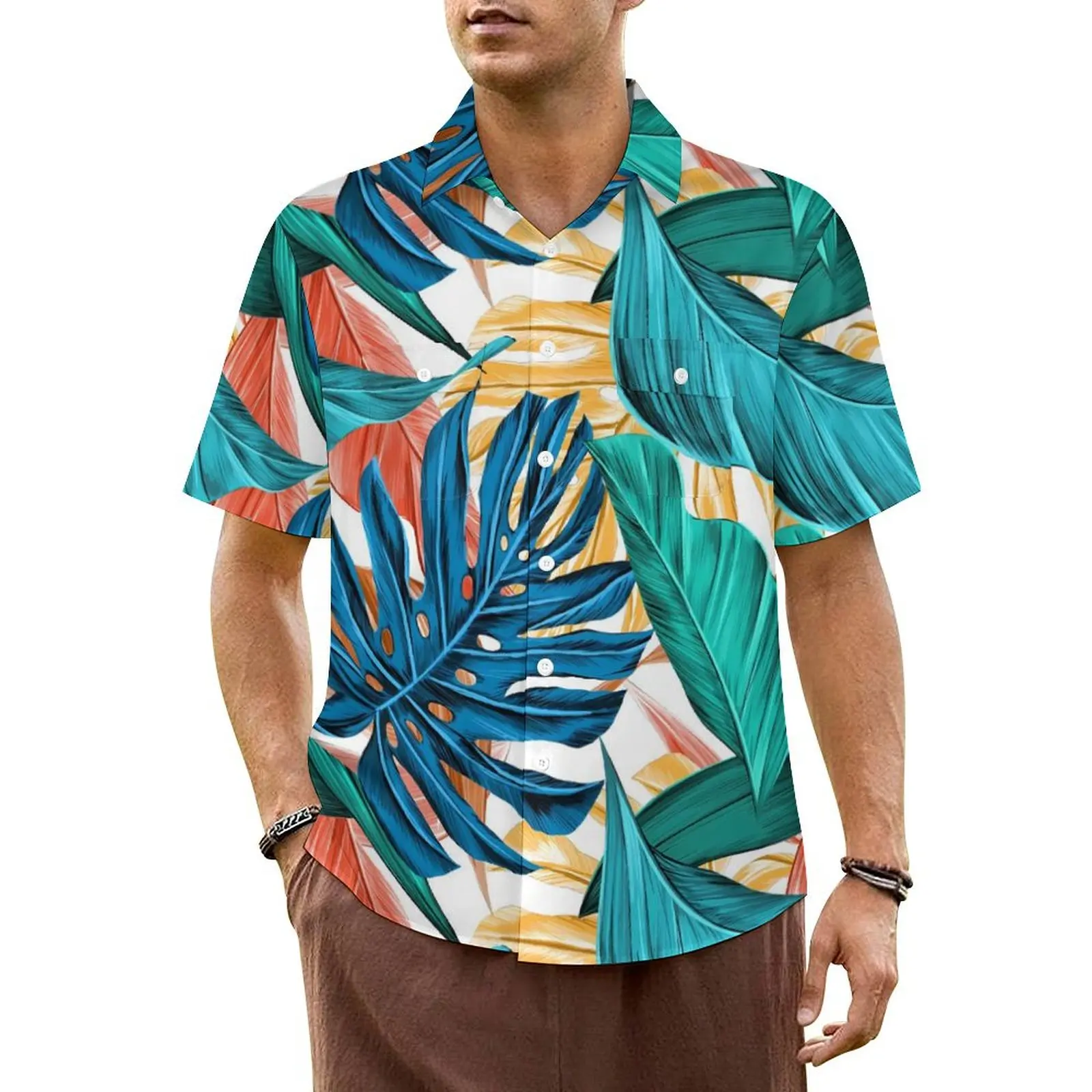 

Jungle Palm Leaf Vacation Shirt Mens Tropical Print Cool Casual Shirts Hawaii Short Sleeves Stylish Plus Size 5XL Blouses Gift