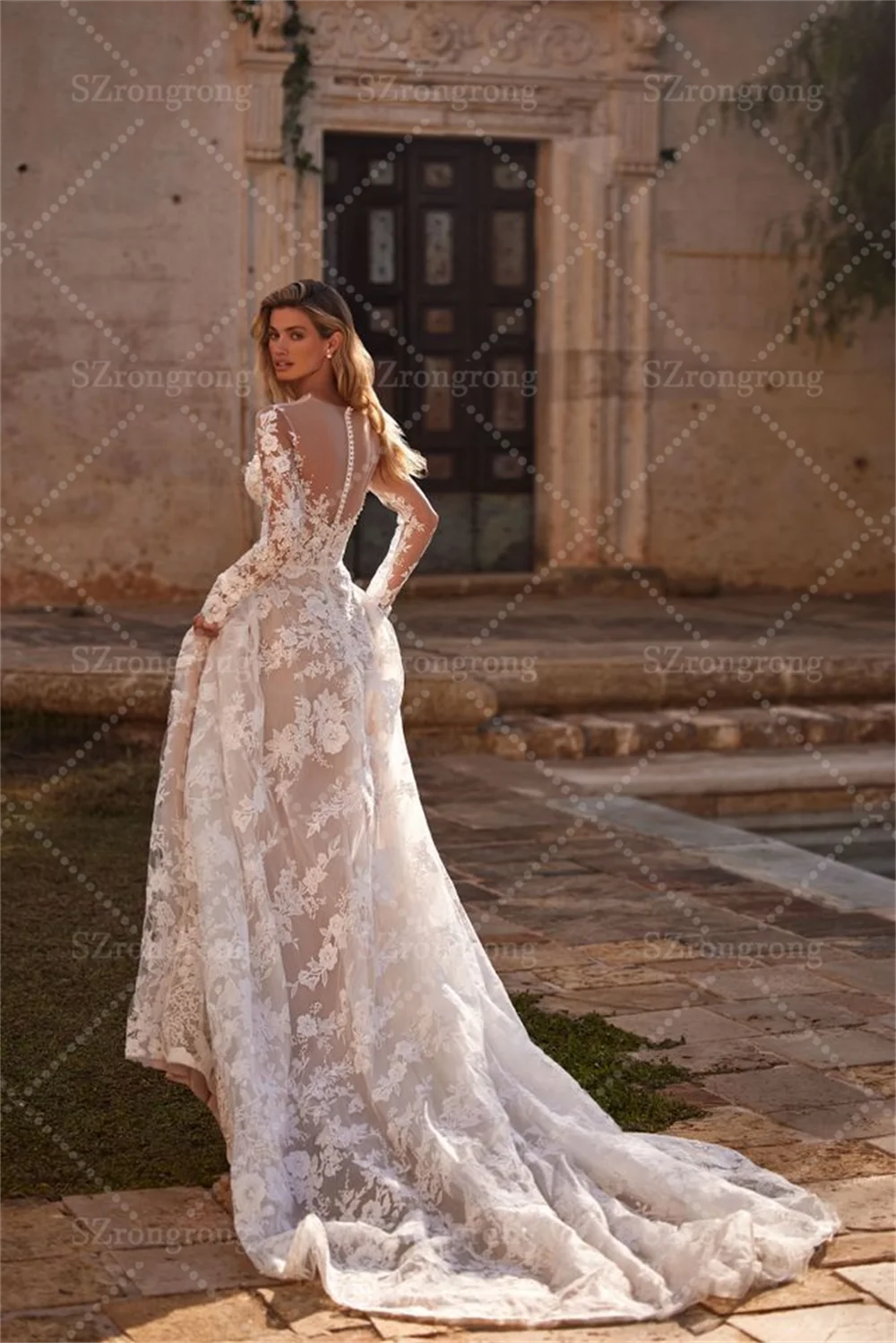فستان زفاف بوهيمي برقبة وهمية دانتيل وأكمام طويلة على شكل حرف A وزر خلفي بطول الأرض فستان زفاف الشاطئ مع ذيل مصنوع حسب الطلب #4