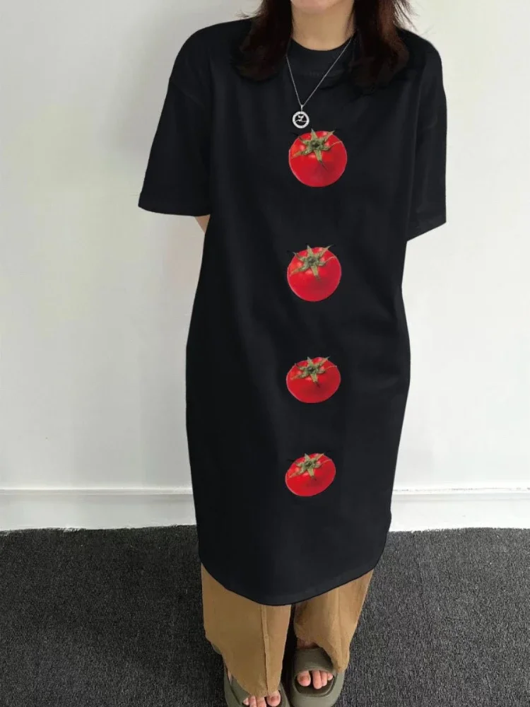 2024 Summer Harajuku Fashion Long T-shirt Dress Women O-neck Casual Y2k Aesthetic Loose Dresses Grunge Tomato Print Tee Vestidos