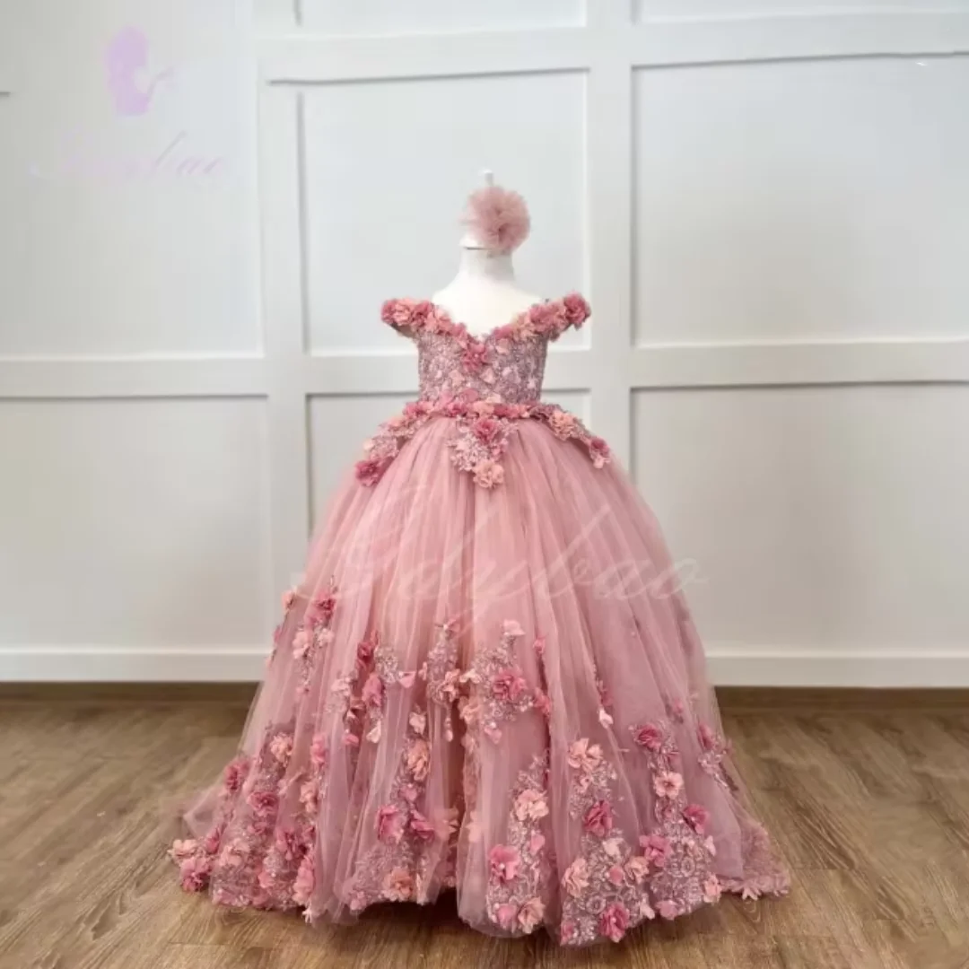 Flower Girl Dress For Wedding 3D Applique Tulle Ball Gown Princess Luxury Kids Birthday Evening Party Dress