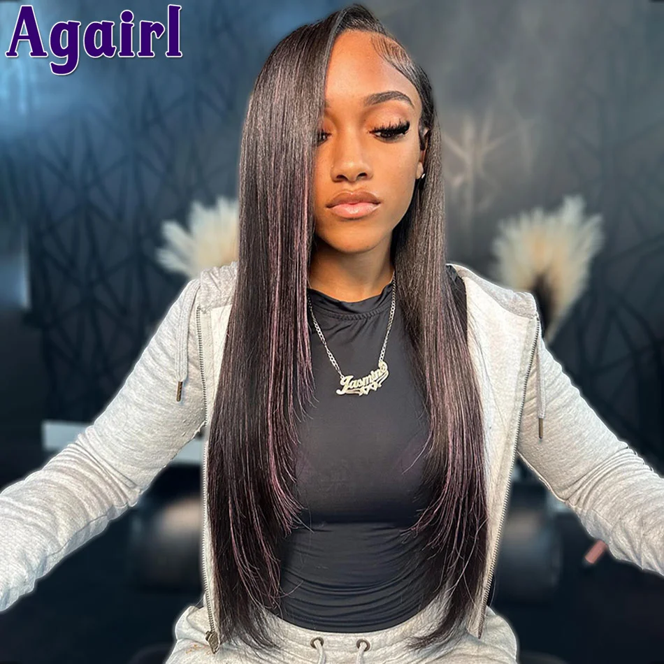 Perruque Lace Front Wig naturelle lisse rose à reflets, cheveux humains, 13x4, 6tage, Ready Go, 13x6, pre-plucked, 200%, pour femmes