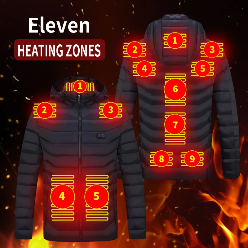 Men Winte Double switch 11 zone heating USB Heating Jackets Smart Thermostat Hooded Heated Clothing Warm Jackets