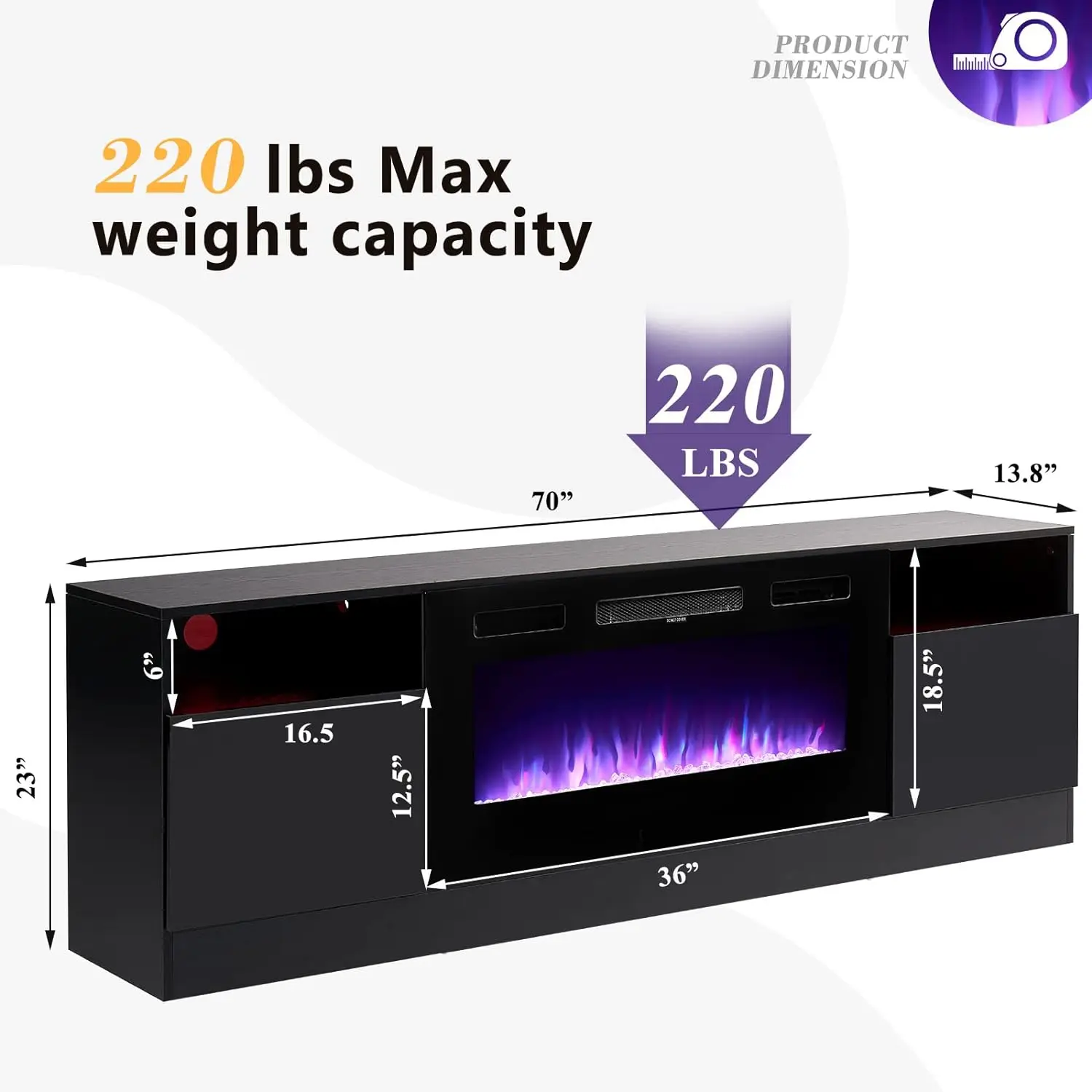 Lareira Elétrica TV Stand, Console Stand, Centro de Entretenimento para TVs, 36 ", 2 níveis, luz LED, até 80"