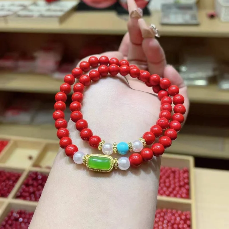 Red Sand Double Ring Bracelet, Bead Diameter about 6mm