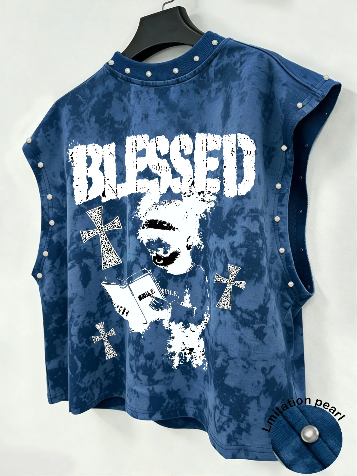 Tie-Dye Ärmelloses Tanktop, beidseitig bedruckt mit gesegneter Figur & Kreuz, Imitationsperlen, dunkles Punk-Tanktop für Herren – Detail 1