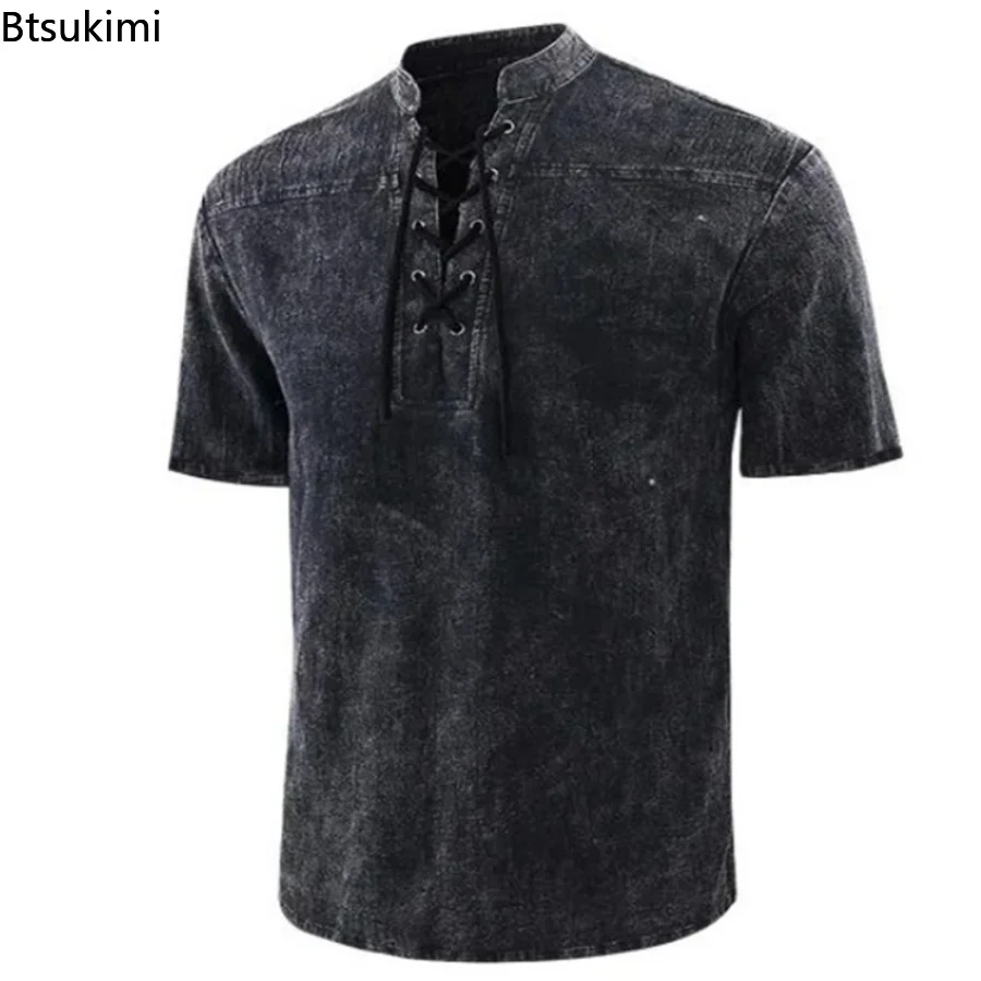 Summer T Shirt Men Stand Collar Front Lace Up Short Sleeve V Neck Slim T Shirt Streetwear for Daily Wear Casual Tops Tees S-5XL