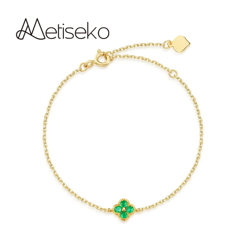 Metiseko S925 Sterling Silver Plated 14K Gold Emerald Colour 4-leaf Clover Bracelet Women\'s Simple Geometric Bracelet for Party