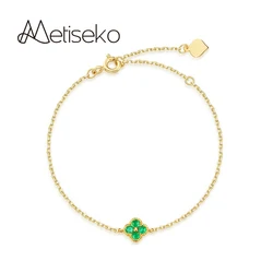 Metiseko S925 Sterling Silver Plated 14K Gold Emerald Colour 4-leaf Clover Bracelet Women's Simple Geometric Bracelet for Party