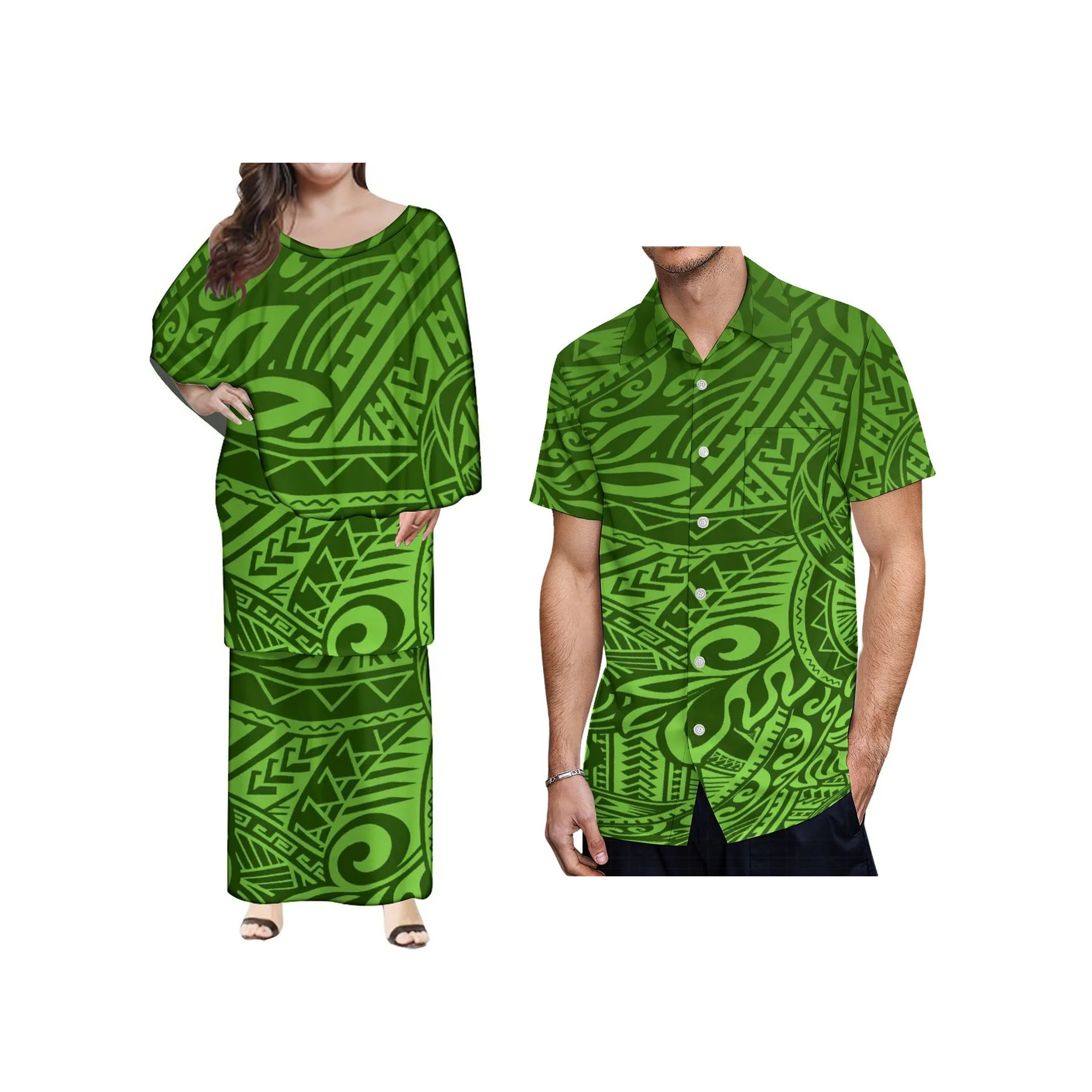 

Wholesale Customized Polynesian Design Long Ponchos Samoan Puletasi Set 2pcs With Shawl Ladies 2 Piece Outfits Sets Wing Dress