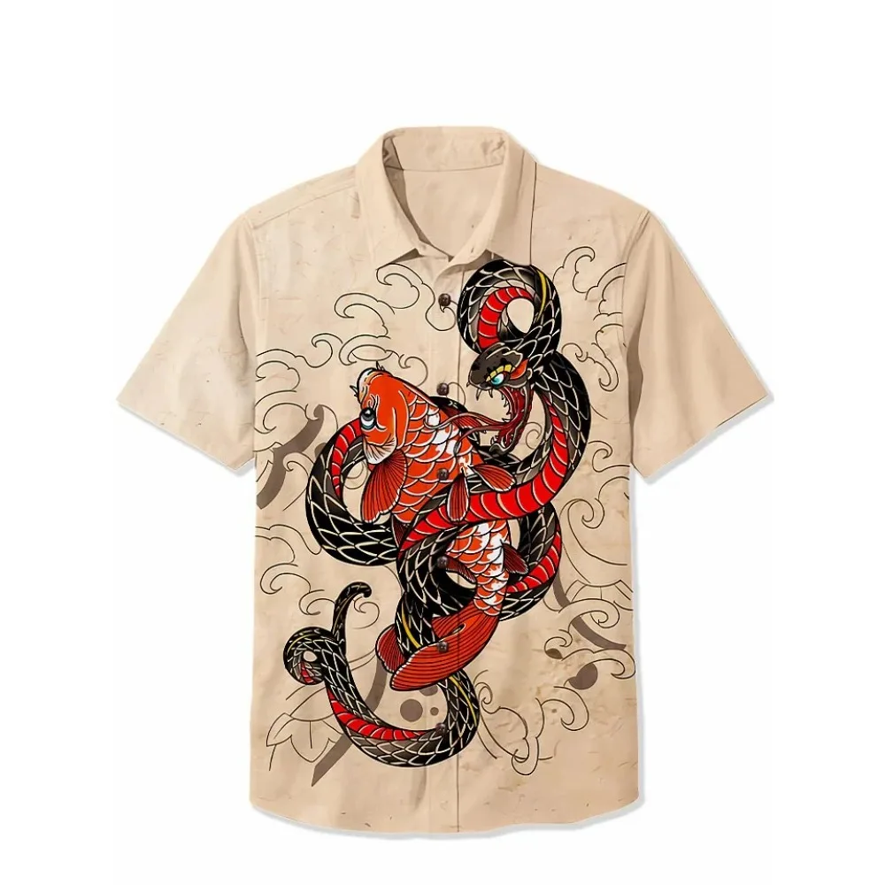 Retro Tattoo Koi Snake 100% Cotton Shirts Men's Hawaiian Shirt Summer Short Sleeve Button Down Casual Shirt Tropical Beach Tops