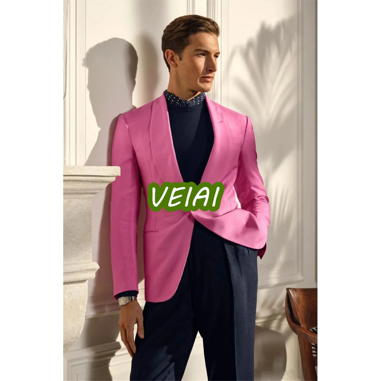 

CustomizedFashion Tailor Made Blazer Hot Pink Jacket Black Pants 2 Piece Slim Fit Single Breasted Shawl Lapel Elegant Men's Suit