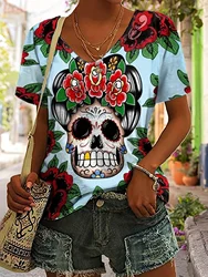 Plus Size Floral & Skull Print V Neck T-Shirt Casual Short Sleeve Top For Spring & Summer Women's Plus Size Clothing