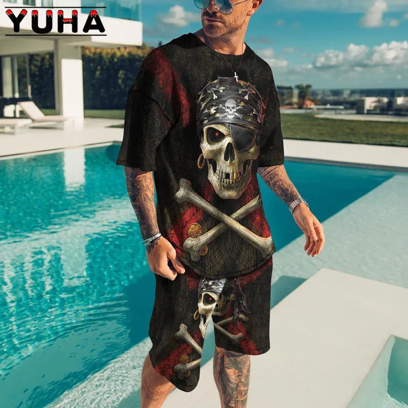 T Shirt Sets 3D Terrible skeleton Print YUHA,Summer Men\'s Clothing Casual Shorts Tracksuit Male 2 Piece Suit Newest  Short Sleev