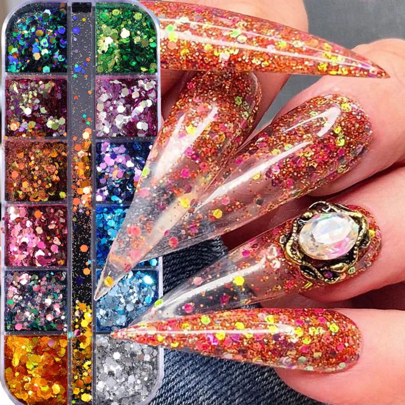 Mixed Hexagon Sequins Nail Decoration 12Grids Holographic Spangles Glitter Flakes Nail Art Powder Gel Polish Manicure Accessory