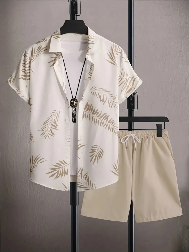 2-pack, men's short-sleeved button-down shirt with a lapel and printed pattern, paired with drawstring pants, for trendy, casual
