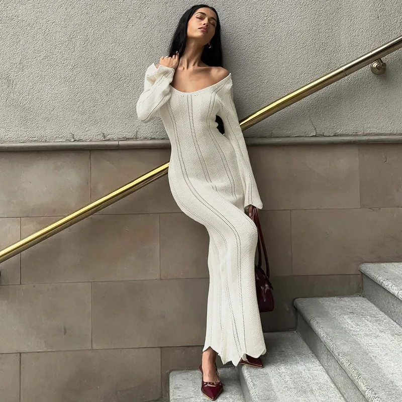 Sexy Hollow Out Knitted Maxi Dress For Women White Long Sleeve Off Shoulder Slim Vacation Beachwear Long Dresses