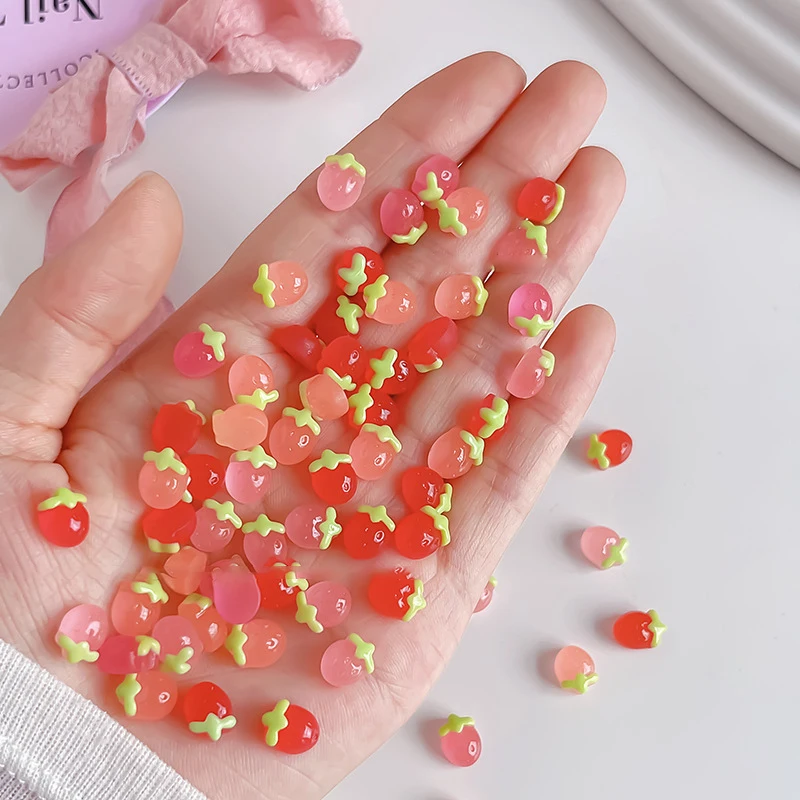 50 pièces créatif Kawaii gelée fraise cerise ongles breloques glace Transparent coloré fraise résine Nail Art décorations bricolage