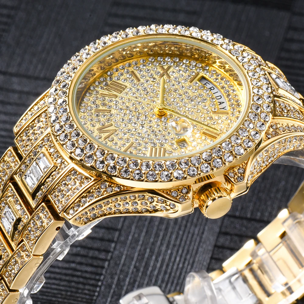 Full Iced Out Watch For Men Luxury Gold Hip Hop Diamond Quartz Mens Watches Waterproof Day Date Clock Best Selling Product 2023