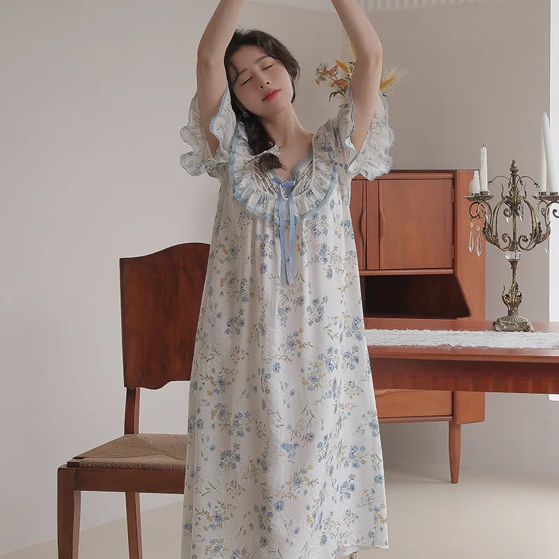 Women Casual Printed Cotton Nightdress Sweet Ruffle Decoration V-Neck Short  Sleeves Nightdress Loose Design Nightgown Homedress - AliExpress 200574005