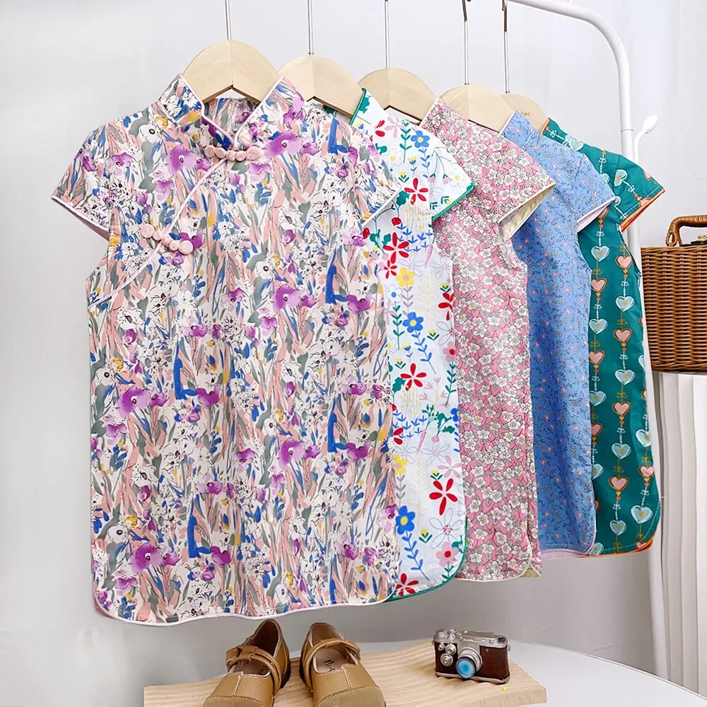 Bear Leader Baby Girs New Chinese Dresses Summer Short Sleeves  Fan Panda Flower Print Dress Casual Clothing Kids Qipao