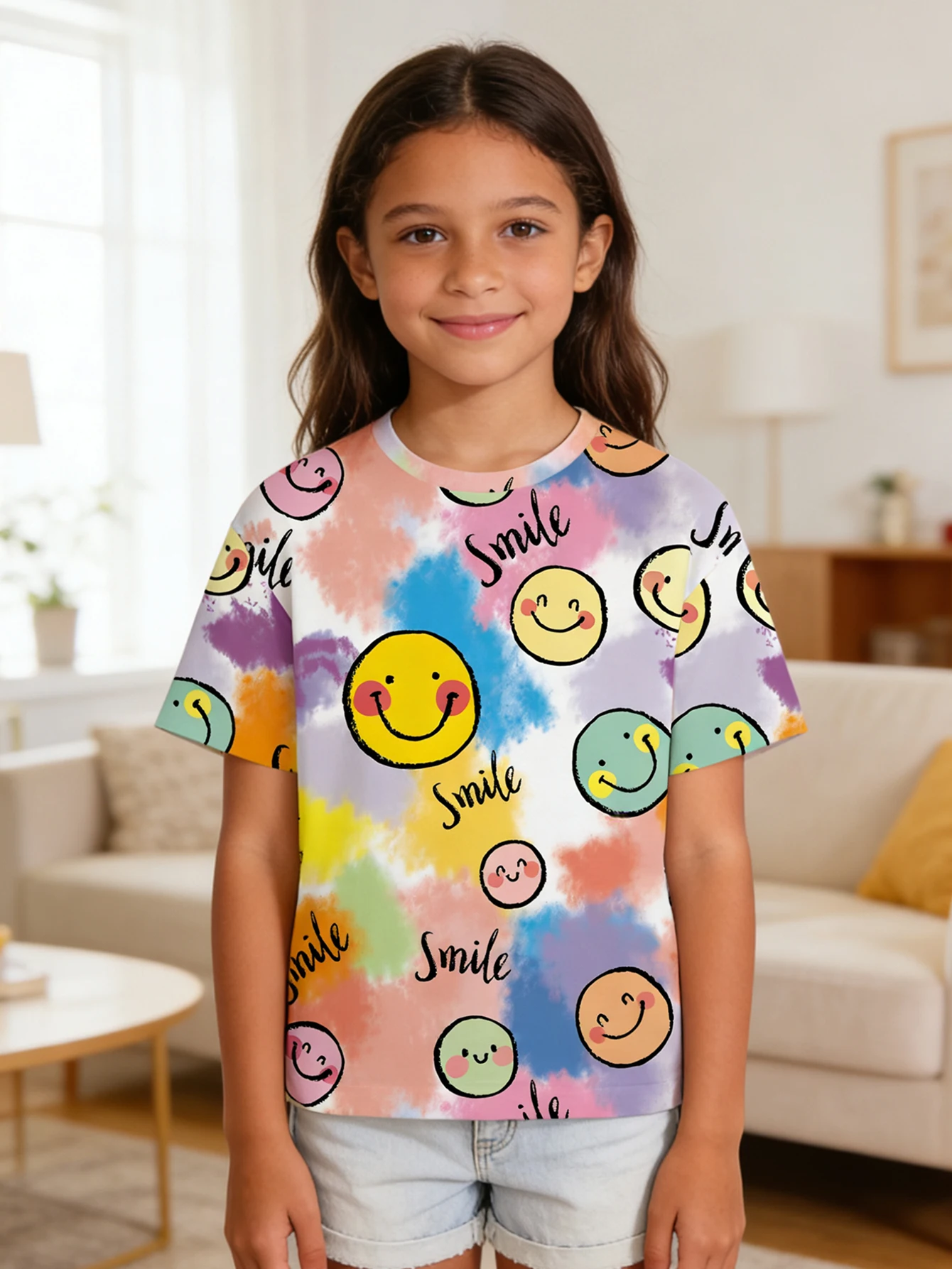 

2026 Girls Color Tie-Dye Smile Letter Multi-Color Smiley Full Print Short Sleeve T-Shirt
