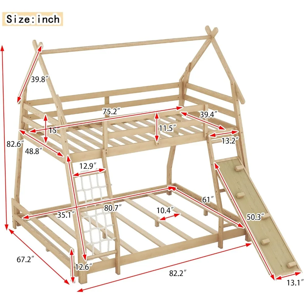 سرير بطابقين من SOFTSEA House مزدوج فوق الملكة مع شبكات تسلق وإطار سرير بطابقين من الخشب الصلب لـ 2 (طبيعي) #2