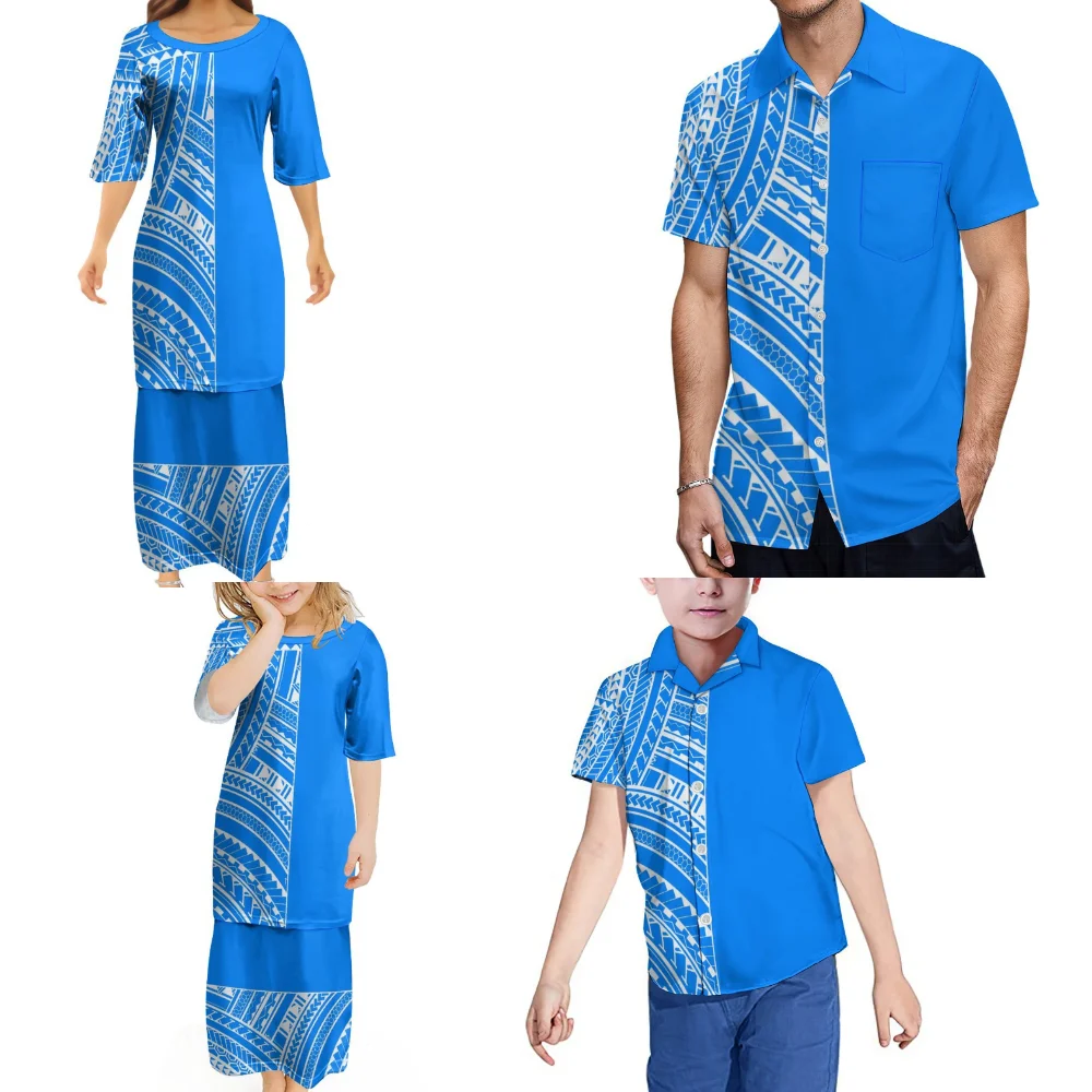 Family Clothing Polynesian Ribbed Print Custom Party Party Set Puletasi Maxi Dress For Ladies Girls, Art Shirt For Men 2024