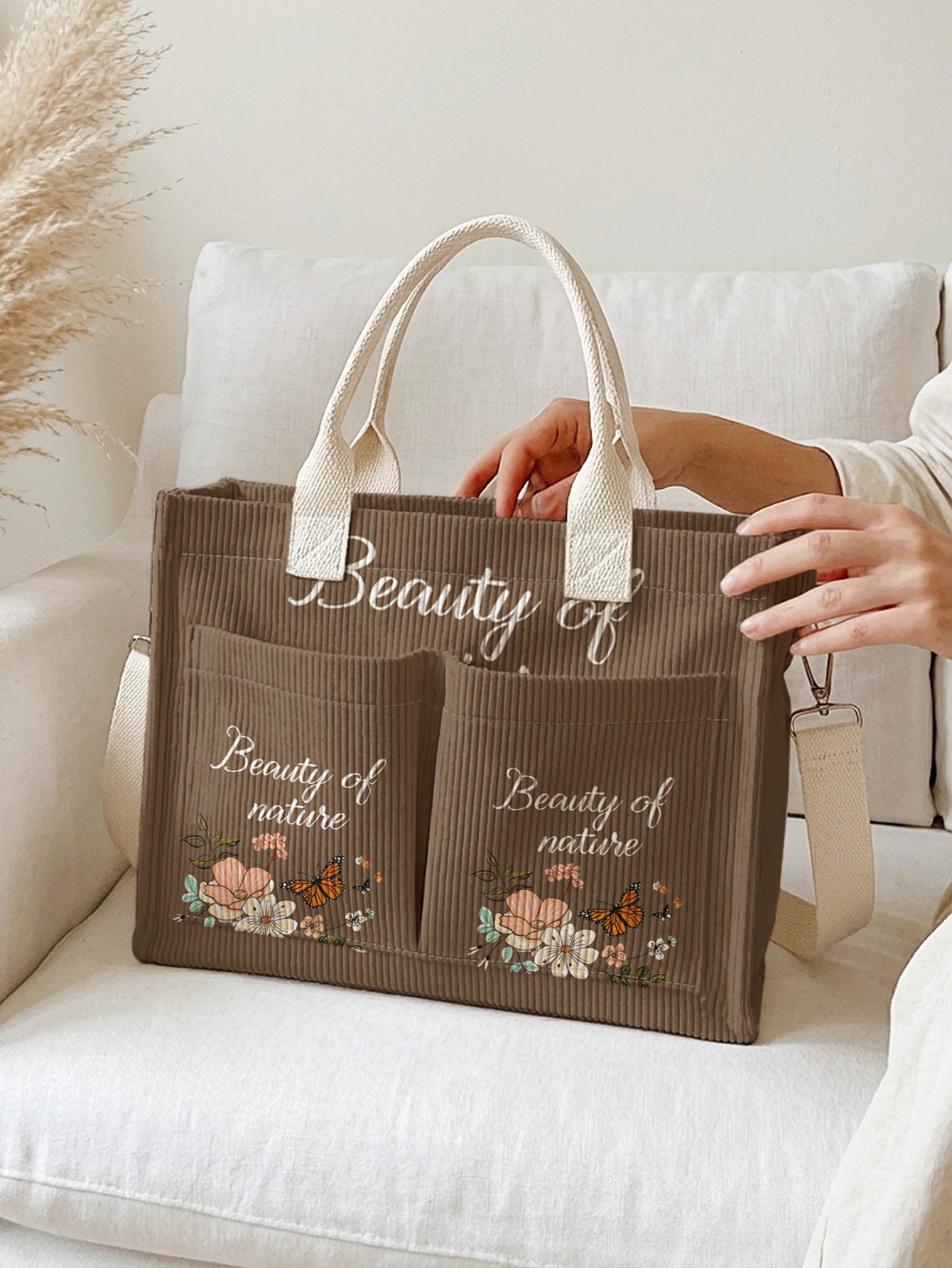 "Beauty of Nature" Floral & Butterfly Print Brown Corduroy Tote Bag Large Capacity Multi Pocket Nature Lover Commuter Shoulder B view 3