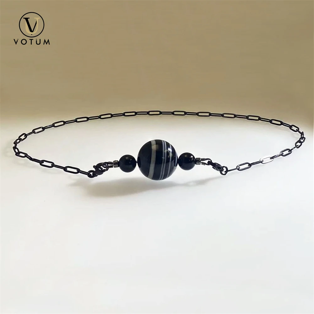 Votum Natural Black Sardonyx Onyx Striped Agate Bead Pendant Chain Necklace for Women Men Crysatl Stone Tourmaline Beads Jewelry