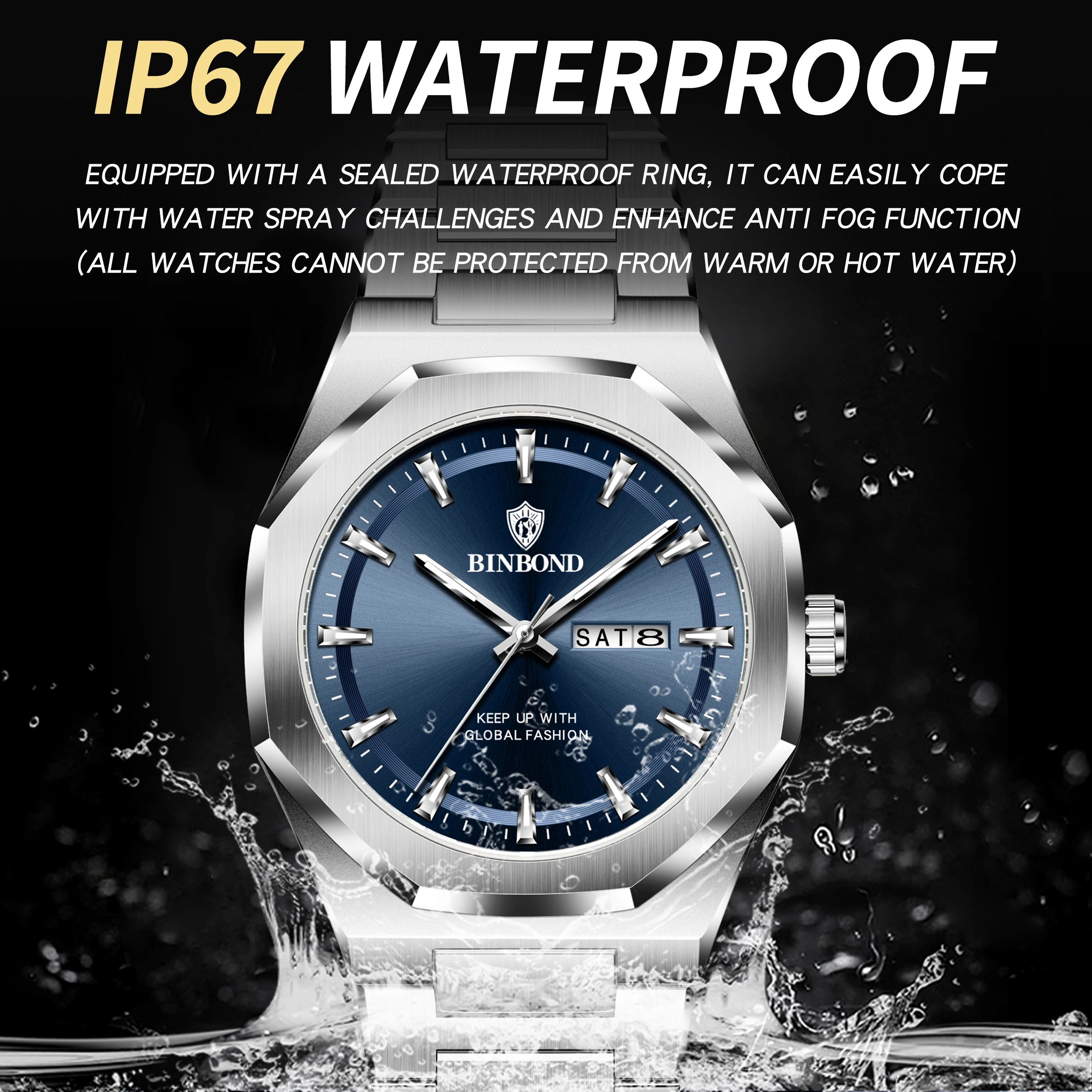 BINBOND nuovo orologio da uomo casual di alta qualità, colore di vendita caldo, orologio con funzione di visualizzazione del doppio calendario luminoso impermeabile, stainl