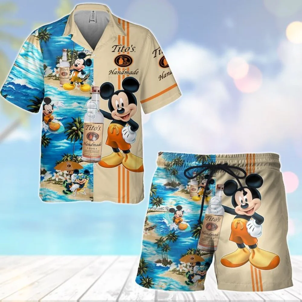 2025 New Disney Hawaii 3d printed shirt New men's and women's fashion Mickey button short sleeve short suit Disney beach childre