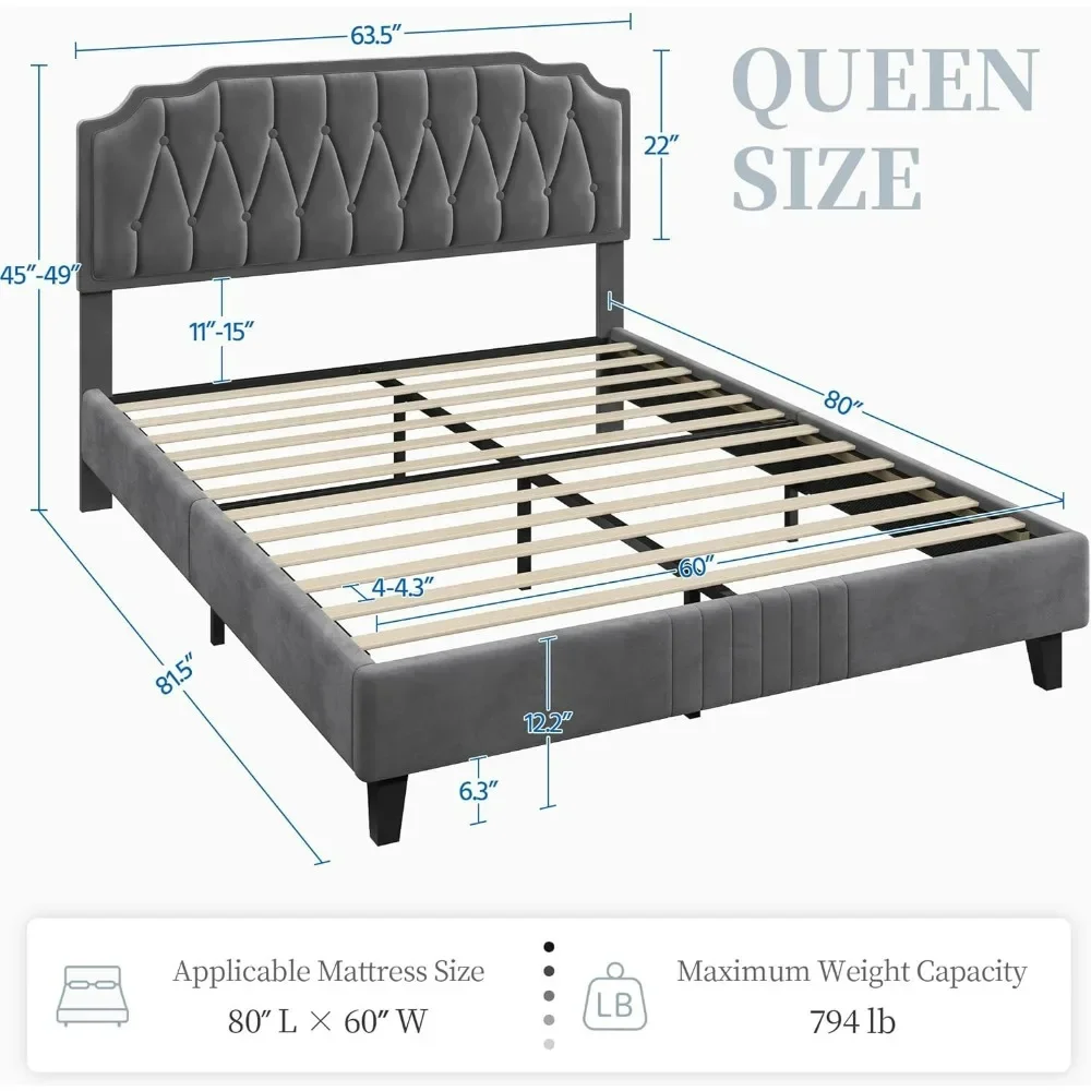 Bed Frame, Velvet Upholstered Platform Bed with Curved Headboard, Height-Adjustable Headboard Noise-Free Wooden Slats Support