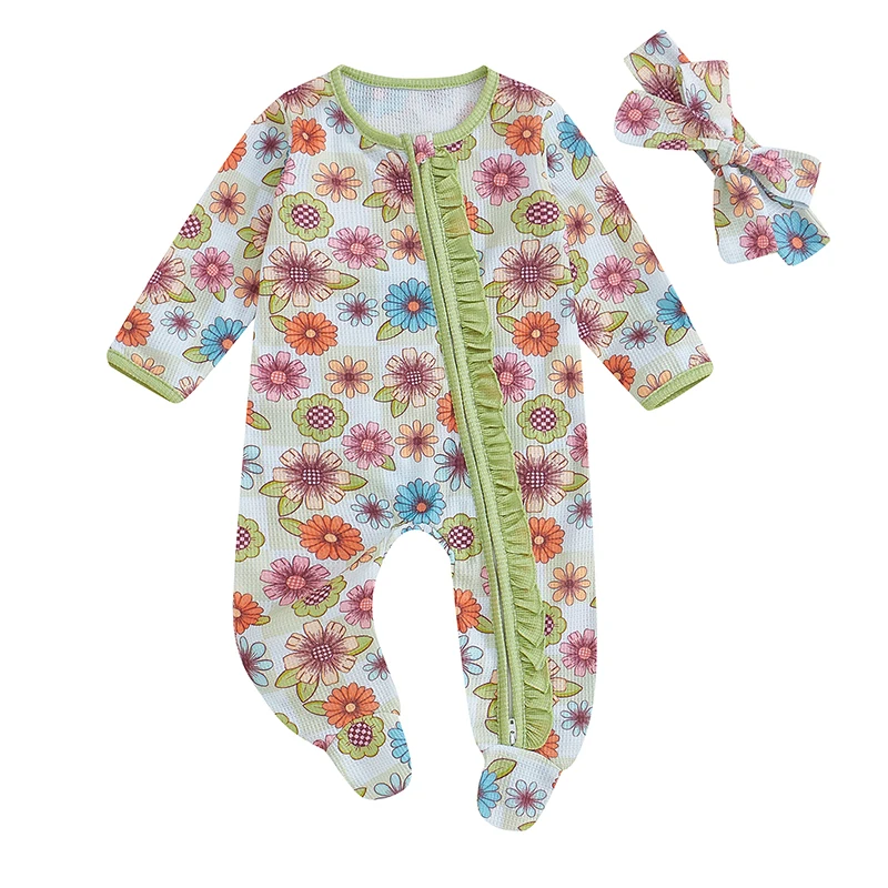 

Baby Girl Bodysuits Floral Print Ruffled Zip Up Footie Long Sleeve Fall Romper Headband Outfits