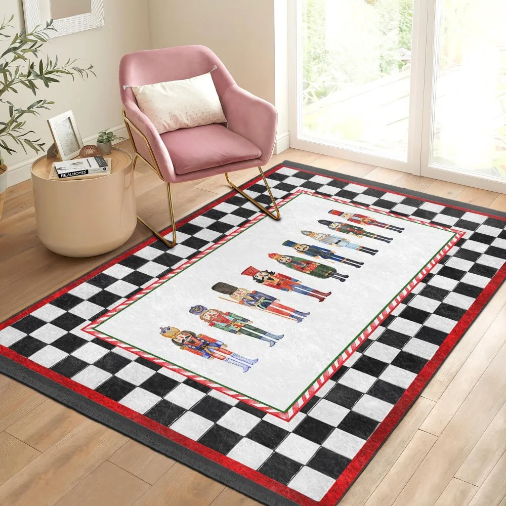 Cute Soldier Christmas Washable Area Rug - Vintage Checkered Rug Suitable for Living Room Bedroom Entrance Kitchen Fireplace